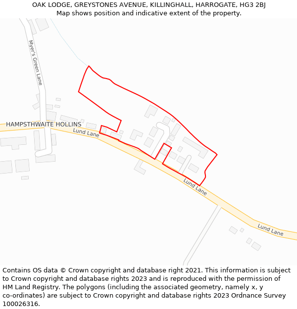 OAK LODGE, GREYSTONES AVENUE, KILLINGHALL, HARROGATE, HG3 2BJ: Location map and indicative extent of plot