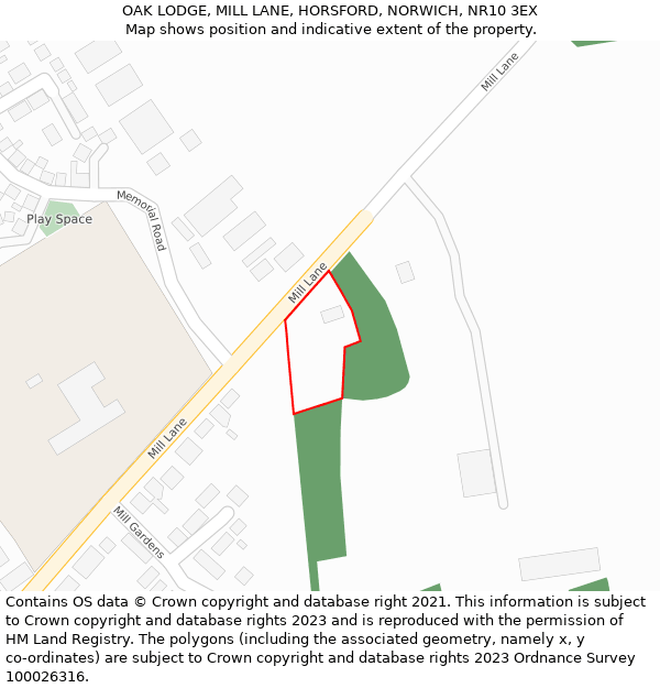 OAK LODGE, MILL LANE, HORSFORD, NORWICH, NR10 3EX: Location map and indicative extent of plot