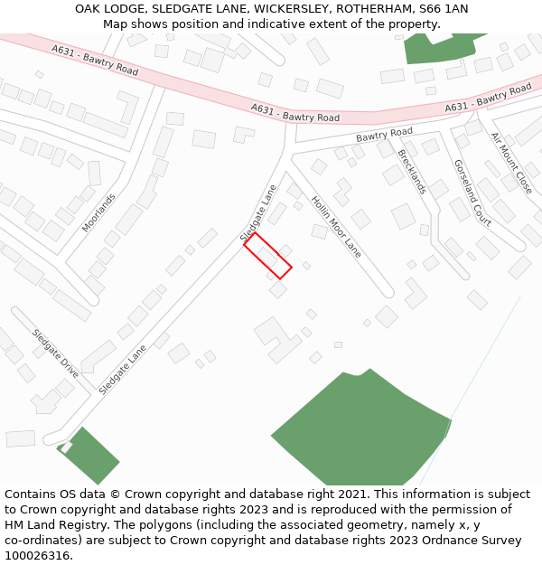 OAK LODGE, SLEDGATE LANE, WICKERSLEY, ROTHERHAM, S66 1AN: Location map and indicative extent of plot
