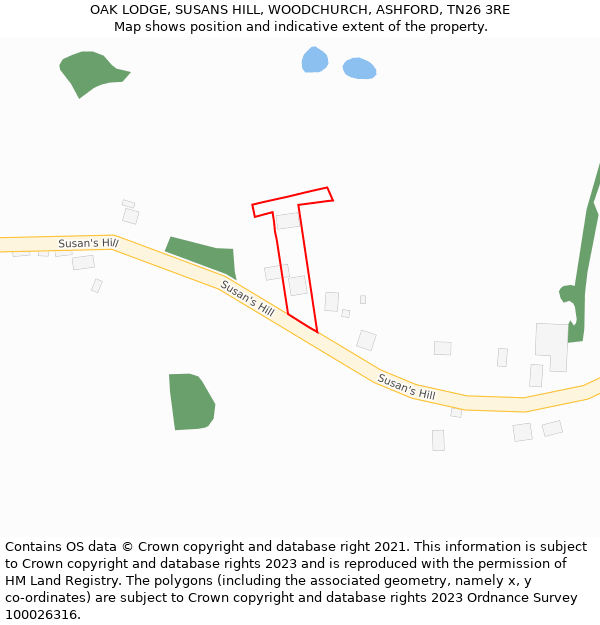 OAK LODGE, SUSANS HILL, WOODCHURCH, ASHFORD, TN26 3RE: Location map and indicative extent of plot
