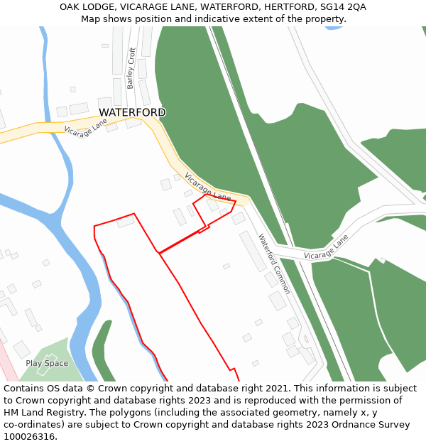 OAK LODGE, VICARAGE LANE, WATERFORD, HERTFORD, SG14 2QA: Location map and indicative extent of plot