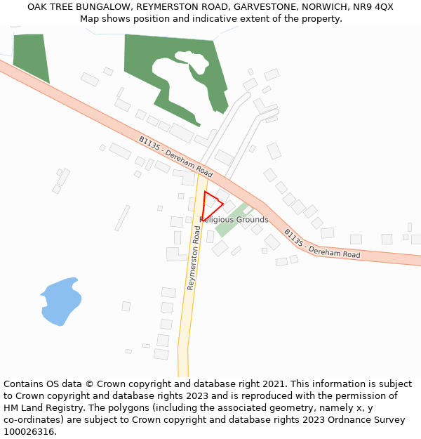 OAK TREE BUNGALOW, REYMERSTON ROAD, GARVESTONE, NORWICH, NR9 4QX: Location map and indicative extent of plot