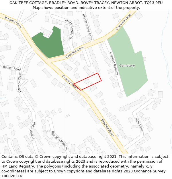 OAK TREE COTTAGE, BRADLEY ROAD, BOVEY TRACEY, NEWTON ABBOT, TQ13 9EU: Location map and indicative extent of plot