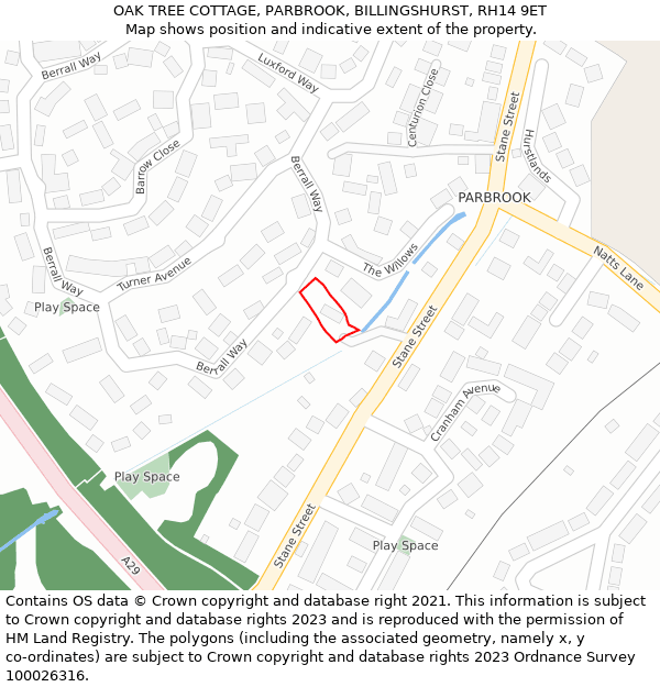 OAK TREE COTTAGE, PARBROOK, BILLINGSHURST, RH14 9ET: Location map and indicative extent of plot