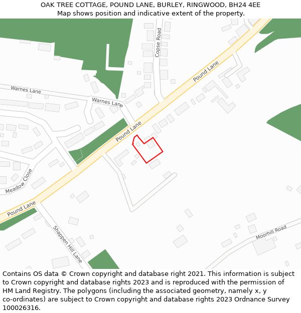 OAK TREE COTTAGE, POUND LANE, BURLEY, RINGWOOD, BH24 4EE: Location map and indicative extent of plot