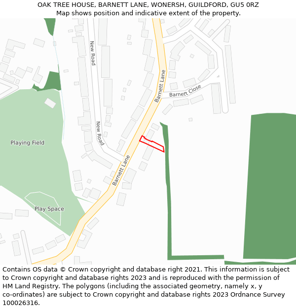 OAK TREE HOUSE, BARNETT LANE, WONERSH, GUILDFORD, GU5 0RZ: Location map and indicative extent of plot