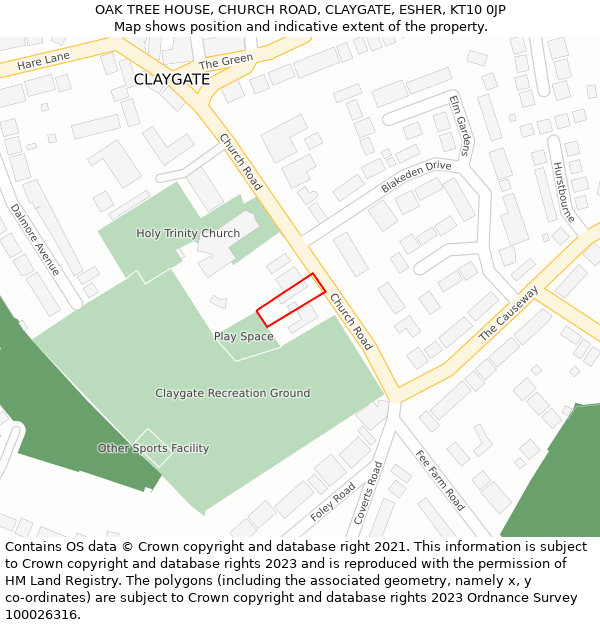 OAK TREE HOUSE, CHURCH ROAD, CLAYGATE, ESHER, KT10 0JP: Location map and indicative extent of plot