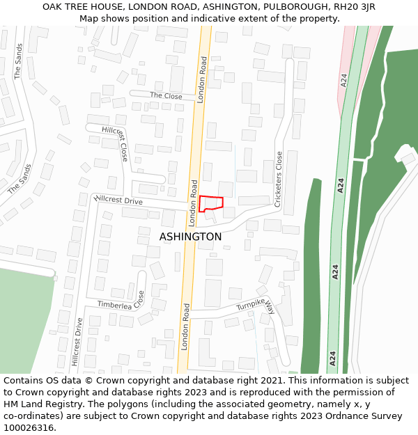 OAK TREE HOUSE, LONDON ROAD, ASHINGTON, PULBOROUGH, RH20 3JR: Location map and indicative extent of plot