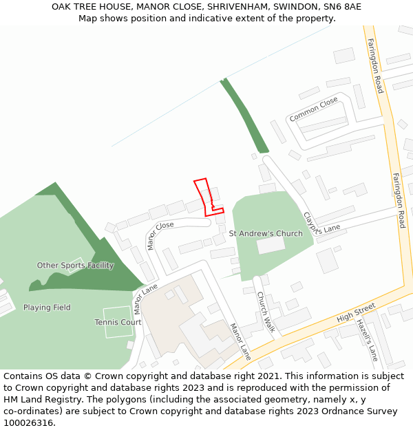 OAK TREE HOUSE, MANOR CLOSE, SHRIVENHAM, SWINDON, SN6 8AE: Location map and indicative extent of plot