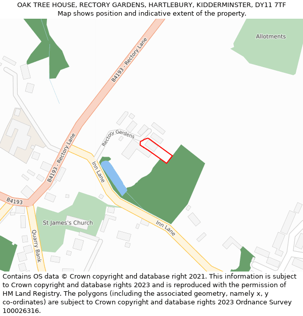 OAK TREE HOUSE, RECTORY GARDENS, HARTLEBURY, KIDDERMINSTER, DY11 7TF: Location map and indicative extent of plot