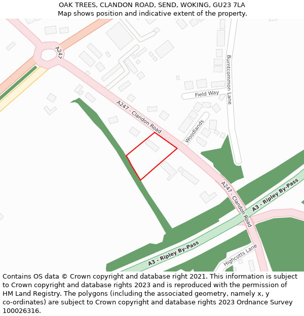 OAK TREES, CLANDON ROAD, SEND, WOKING, GU23 7LA: Location map and indicative extent of plot