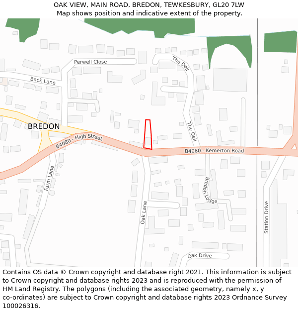 OAK VIEW, MAIN ROAD, BREDON, TEWKESBURY, GL20 7LW: Location map and indicative extent of plot