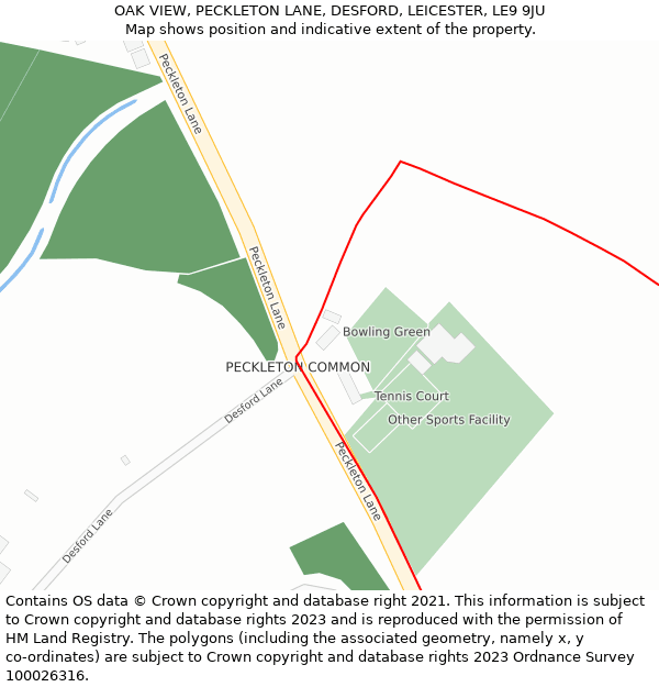 OAK VIEW, PECKLETON LANE, DESFORD, LEICESTER, LE9 9JU: Location map and indicative extent of plot