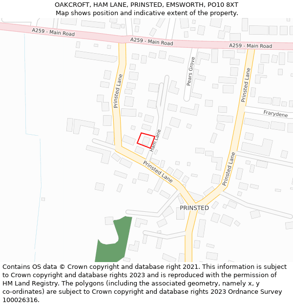 OAKCROFT, HAM LANE, PRINSTED, EMSWORTH, PO10 8XT: Location map and indicative extent of plot