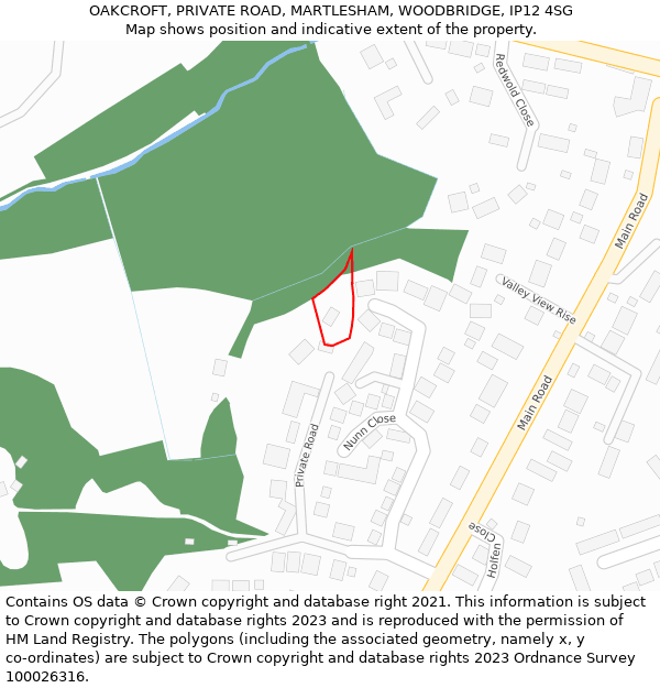 OAKCROFT, PRIVATE ROAD, MARTLESHAM, WOODBRIDGE, IP12 4SG: Location map and indicative extent of plot