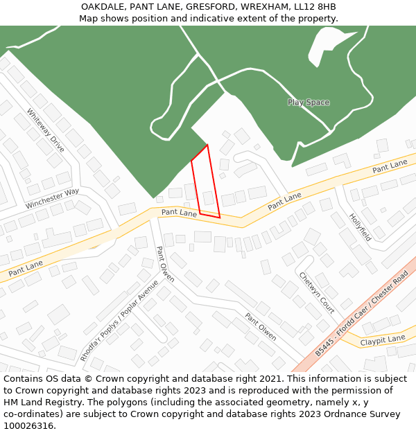 OAKDALE, PANT LANE, GRESFORD, WREXHAM, LL12 8HB: Location map and indicative extent of plot