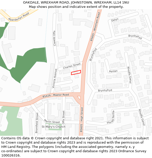 OAKDALE, WREXHAM ROAD, JOHNSTOWN, WREXHAM, LL14 1NU: Location map and indicative extent of plot
