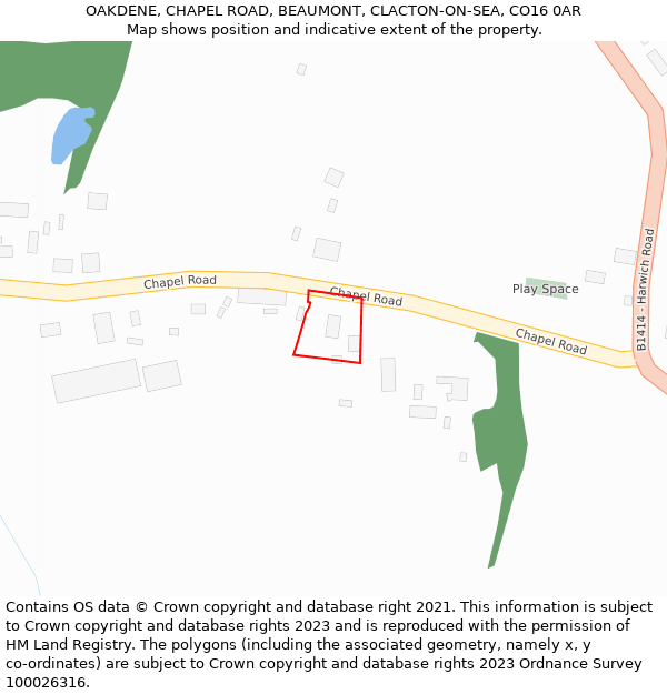 OAKDENE, CHAPEL ROAD, BEAUMONT, CLACTON-ON-SEA, CO16 0AR: Location map and indicative extent of plot