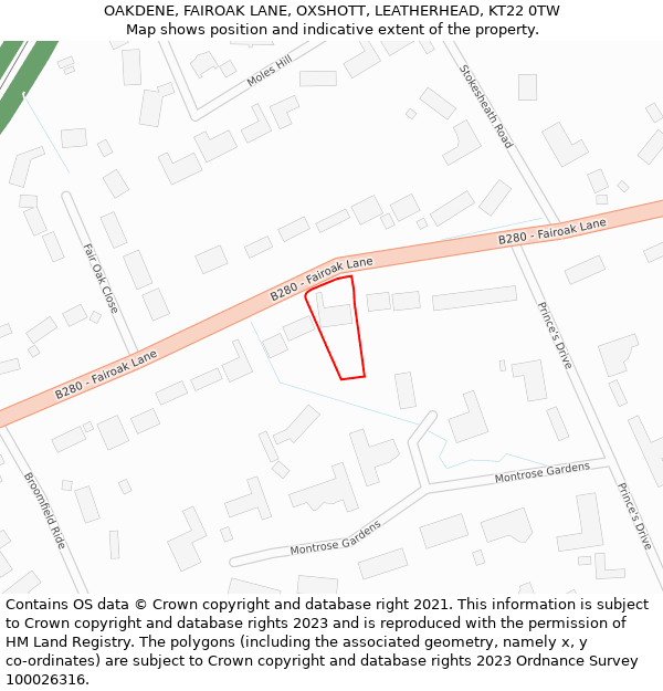 OAKDENE, FAIROAK LANE, OXSHOTT, LEATHERHEAD, KT22 0TW: Location map and indicative extent of plot