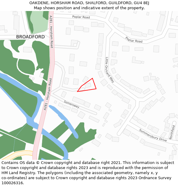 OAKDENE, HORSHAM ROAD, SHALFORD, GUILDFORD, GU4 8EJ: Location map and indicative extent of plot