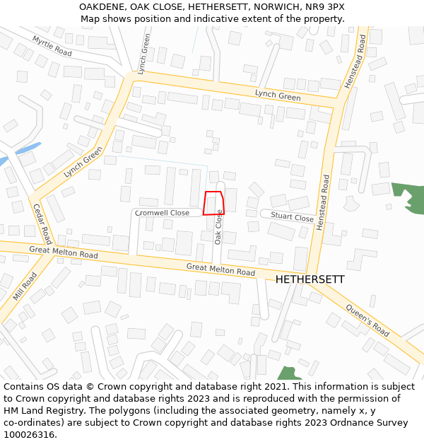 OAKDENE, OAK CLOSE, HETHERSETT, NORWICH, NR9 3PX: Location map and indicative extent of plot