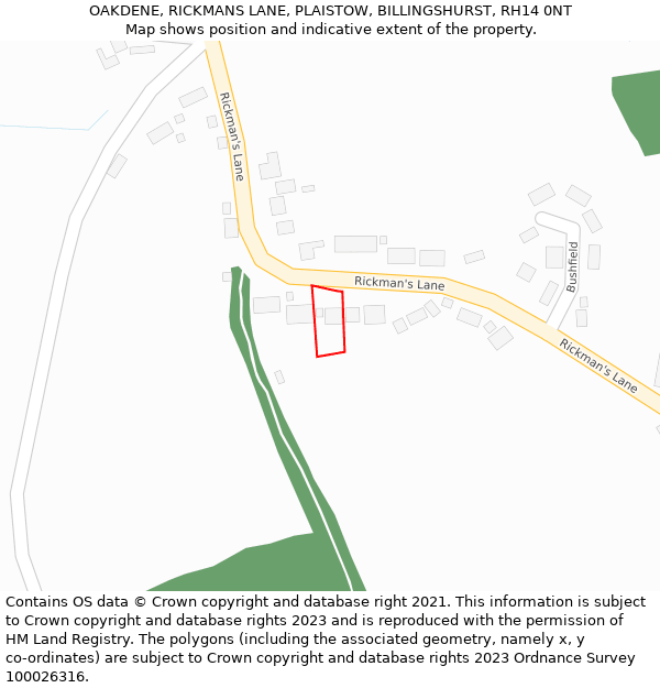 OAKDENE, RICKMANS LANE, PLAISTOW, BILLINGSHURST, RH14 0NT: Location map and indicative extent of plot