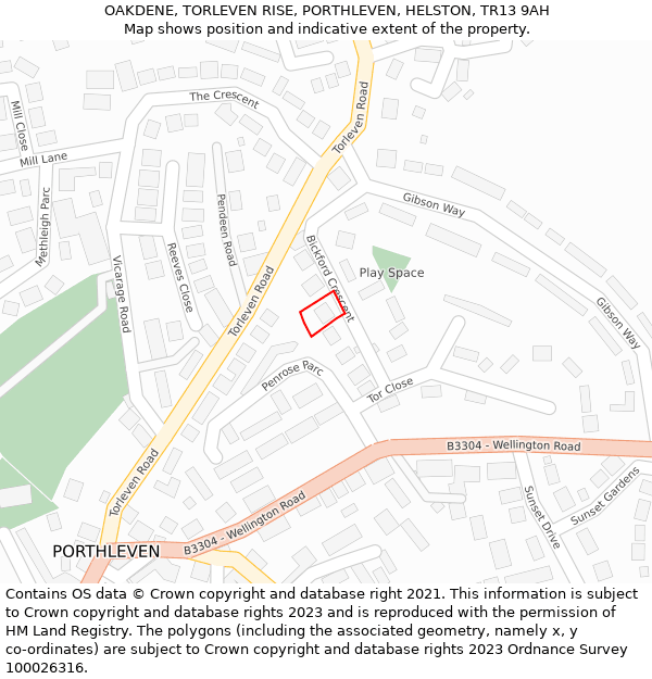 OAKDENE, TORLEVEN RISE, PORTHLEVEN, HELSTON, TR13 9AH: Location map and indicative extent of plot