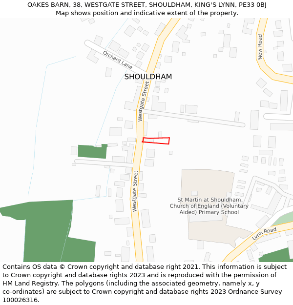 OAKES BARN, 38, WESTGATE STREET, SHOULDHAM, KING'S LYNN, PE33 0BJ: Location map and indicative extent of plot