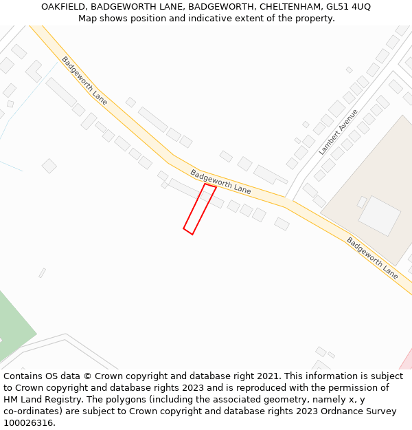 OAKFIELD, BADGEWORTH LANE, BADGEWORTH, CHELTENHAM, GL51 4UQ: Location map and indicative extent of plot