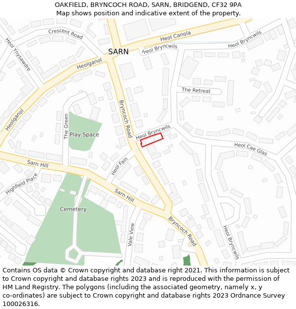 OAKFIELD, BRYNCOCH ROAD, SARN, BRIDGEND, CF32 9PA: Location map and indicative extent of plot