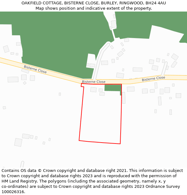 OAKFIELD COTTAGE, BISTERNE CLOSE, BURLEY, RINGWOOD, BH24 4AU: Location map and indicative extent of plot