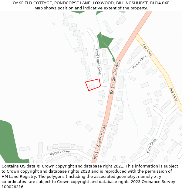 OAKFIELD COTTAGE, PONDCOPSE LANE, LOXWOOD, BILLINGSHURST, RH14 0XF: Location map and indicative extent of plot