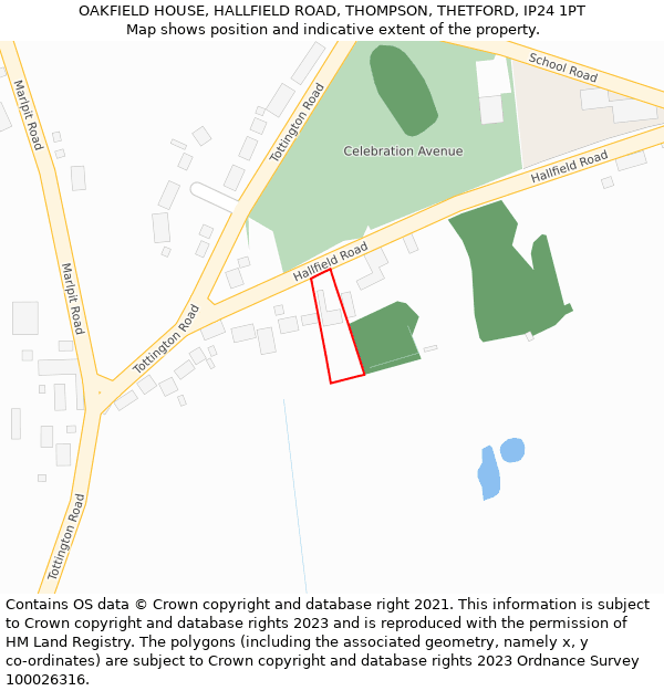 OAKFIELD HOUSE, HALLFIELD ROAD, THOMPSON, THETFORD, IP24 1PT: Location map and indicative extent of plot