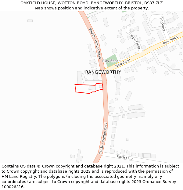 OAKFIELD HOUSE, WOTTON ROAD, RANGEWORTHY, BRISTOL, BS37 7LZ: Location map and indicative extent of plot