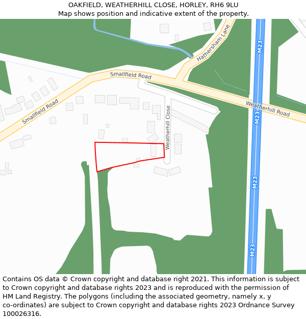 OAKFIELD, WEATHERHILL CLOSE, HORLEY, RH6 9LU: Location map and indicative extent of plot