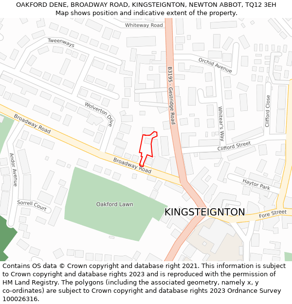 OAKFORD DENE, BROADWAY ROAD, KINGSTEIGNTON, NEWTON ABBOT, TQ12 3EH: Location map and indicative extent of plot