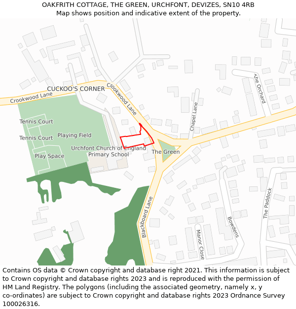 OAKFRITH COTTAGE, THE GREEN, URCHFONT, DEVIZES, SN10 4RB: Location map and indicative extent of plot