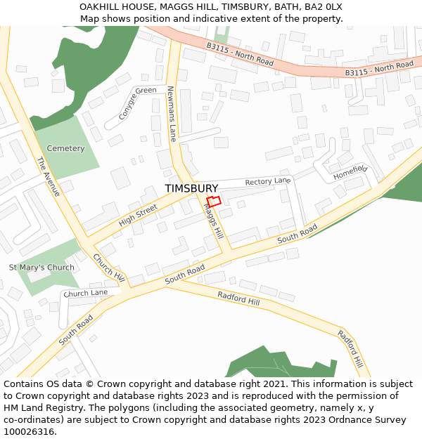 OAKHILL HOUSE, MAGGS HILL, TIMSBURY, BATH, BA2 0LX: Location map and indicative extent of plot