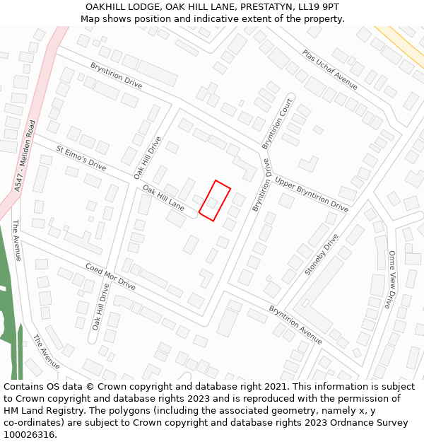 OAKHILL LODGE, OAK HILL LANE, PRESTATYN, LL19 9PT: Location map and indicative extent of plot