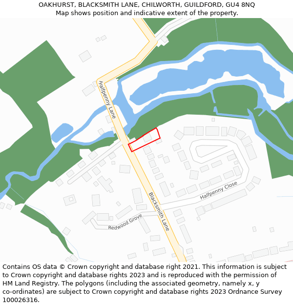 OAKHURST, BLACKSMITH LANE, CHILWORTH, GUILDFORD, GU4 8NQ: Location map and indicative extent of plot