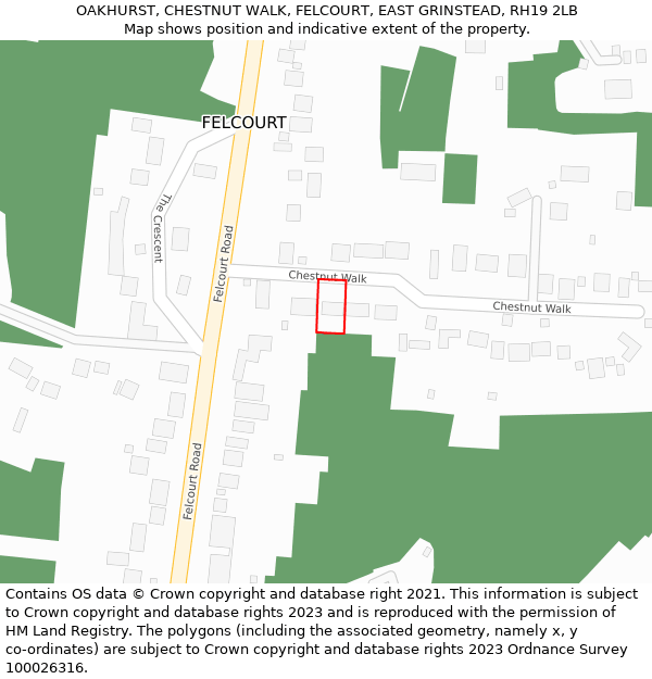 OAKHURST, CHESTNUT WALK, FELCOURT, EAST GRINSTEAD, RH19 2LB: Location map and indicative extent of plot