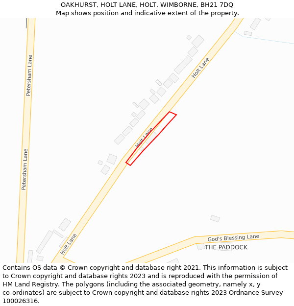 OAKHURST, HOLT LANE, HOLT, WIMBORNE, BH21 7DQ: Location map and indicative extent of plot