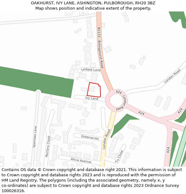 OAKHURST, IVY LANE, ASHINGTON, PULBOROUGH, RH20 3BZ: Location map and indicative extent of plot