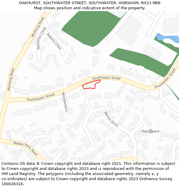 OAKHURST, SOUTHWATER STREET, SOUTHWATER, HORSHAM, RH13 9BN: Location map and indicative extent of plot