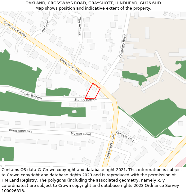 OAKLAND, CROSSWAYS ROAD, GRAYSHOTT, HINDHEAD, GU26 6HD: Location map and indicative extent of plot