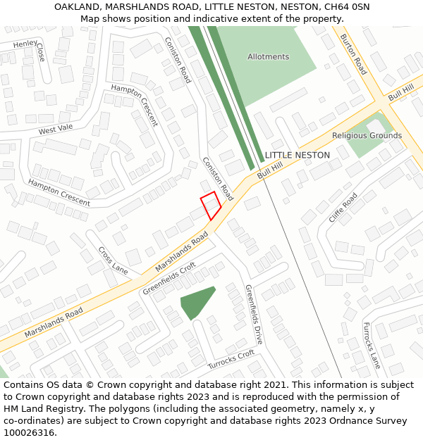 OAKLAND, MARSHLANDS ROAD, LITTLE NESTON, NESTON, CH64 0SN: Location map and indicative extent of plot