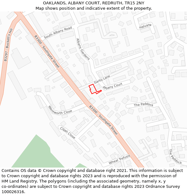 OAKLANDS, ALBANY COURT, REDRUTH, TR15 2NY: Location map and indicative extent of plot