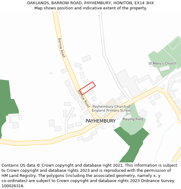 OAKLANDS, BARROW ROAD, PAYHEMBURY, HONITON, EX14 3HX: Location map and indicative extent of plot