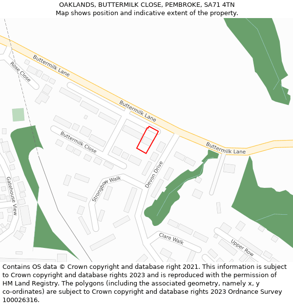 OAKLANDS, BUTTERMILK CLOSE, PEMBROKE, SA71 4TN: Location map and indicative extent of plot