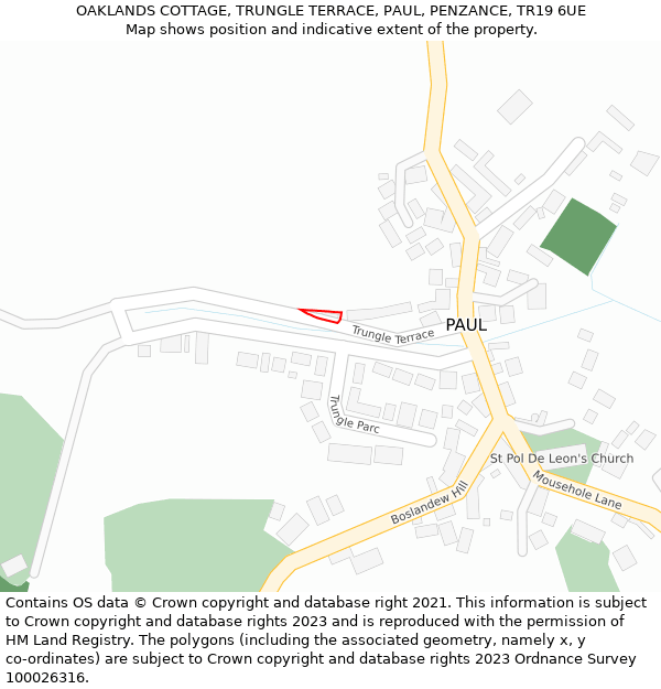 OAKLANDS COTTAGE, TRUNGLE TERRACE, PAUL, PENZANCE, TR19 6UE: Location map and indicative extent of plot